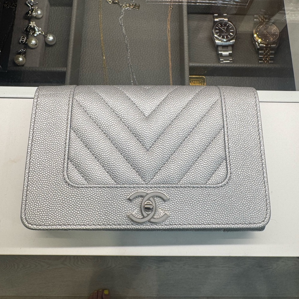 CHANEL Silver Chevron Wallet